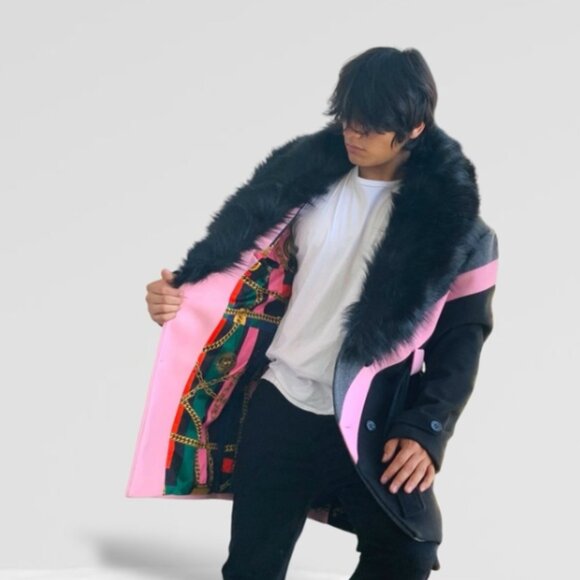 Men’s Pink | Grey | Black Double Breast Coat with Faux Fur NWT - Picture 2 of 9